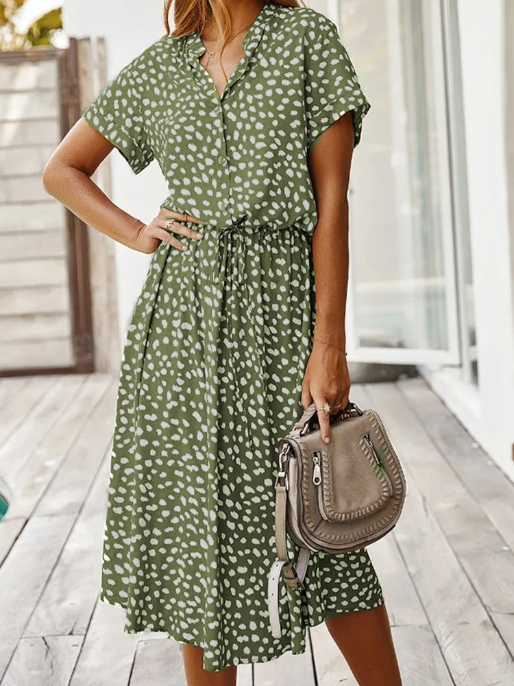 Clara - Gevlekte midi-jurk met knoopsluiting voor en verstelbare taille