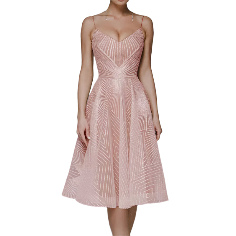 Freya – Stijlvolle Midi-jurk met V-hals Open Rug en Schouderbandjes