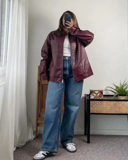 Lyra - Oversized Contrast-Stiksel Jas met Omslagkraag