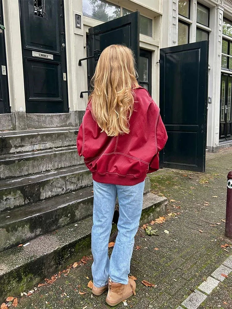 Lyra - Oversized Contrast-Stiksel Jas met Omslagkraag